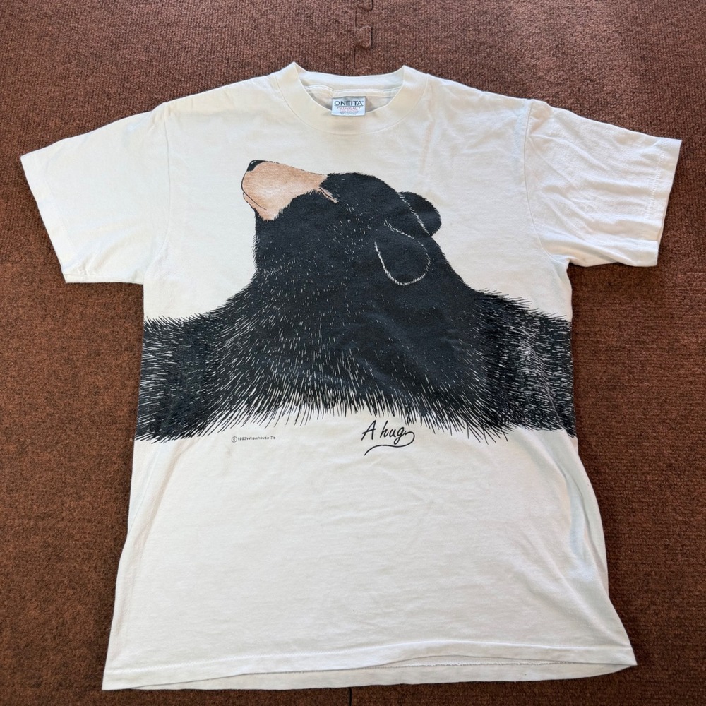 Vintage Oneita Bear A Hug Graphic T Shirt Mens Medium White 90s Wheelhouse T's